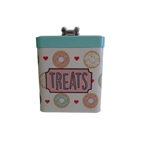 Pet Treats Container Metal Removable Lid Donut Pattern Bone Lid - Picture 1 of 8